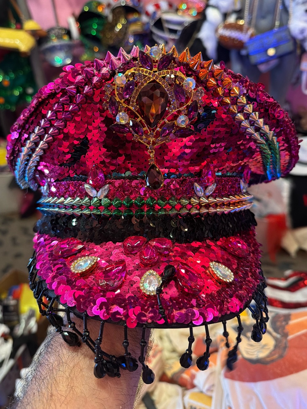 Nu Shuz Festival Vibrant Fuchsia Sequin Hat Beaded Black Bang Fringe - Picture 4 of 4
